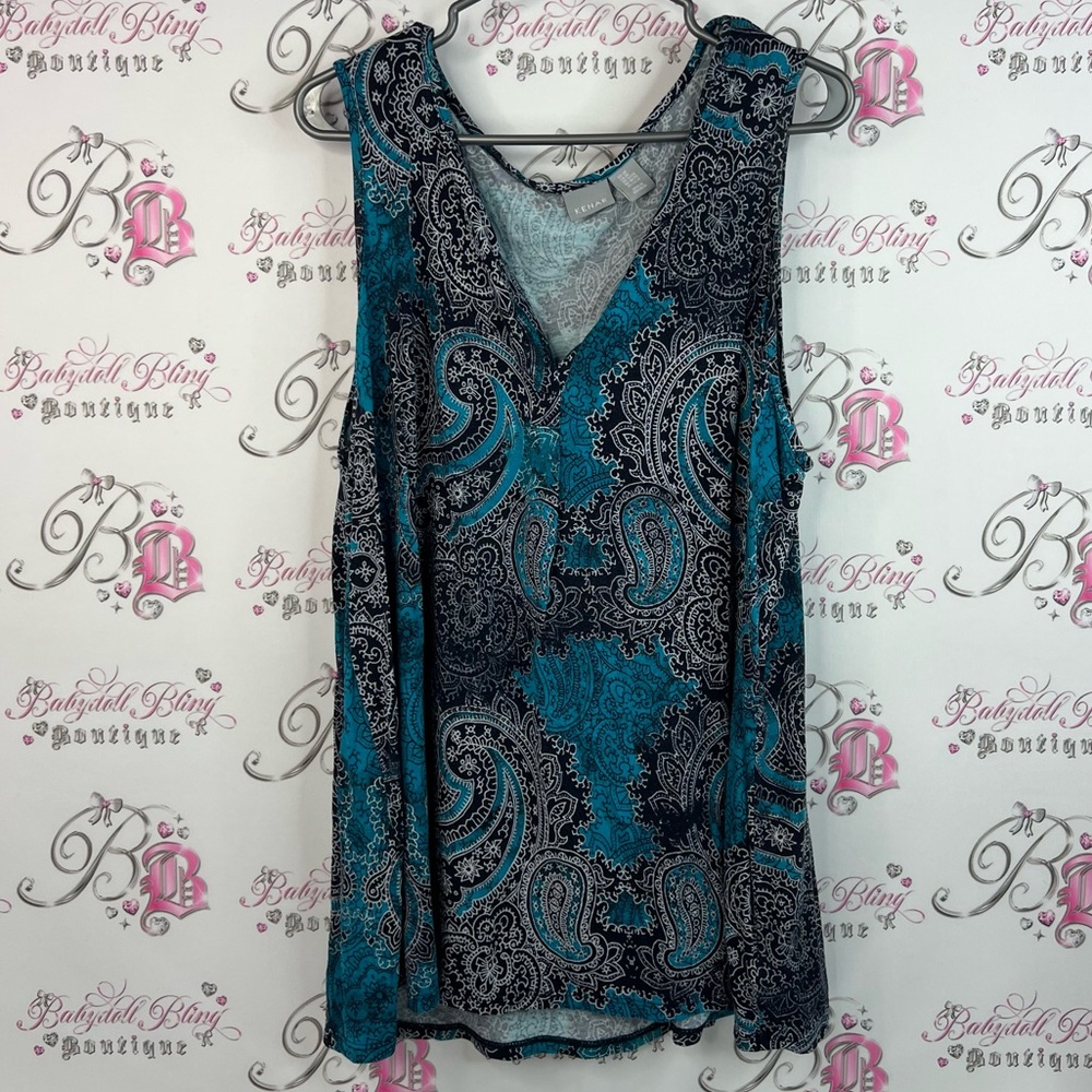 Kenar tank top floral style blue white Teal and Black Paisley Top stretchy